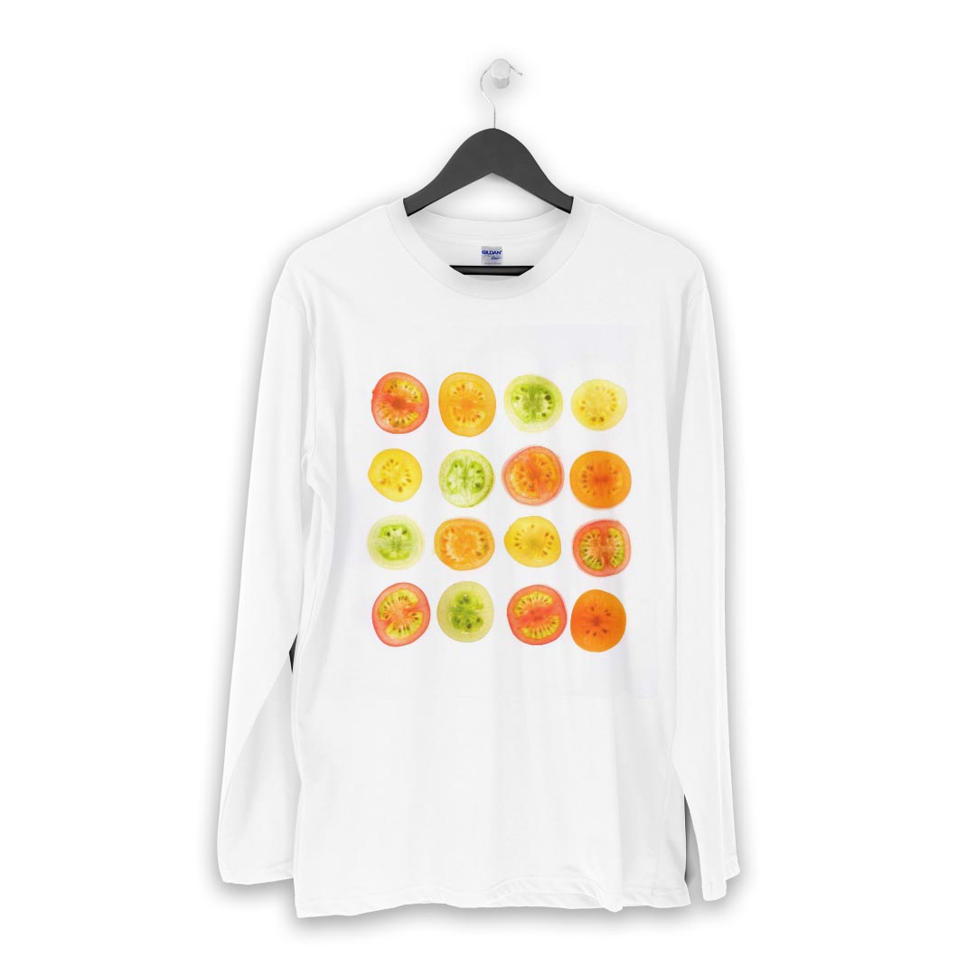 ロング tシャツ メンズ 長袖 ホワイト グレー デザイン XS S M L XL 2XL Tシャツ ティーシャツ T shirt long sleeve 013341 トマト　野菜　食べ物