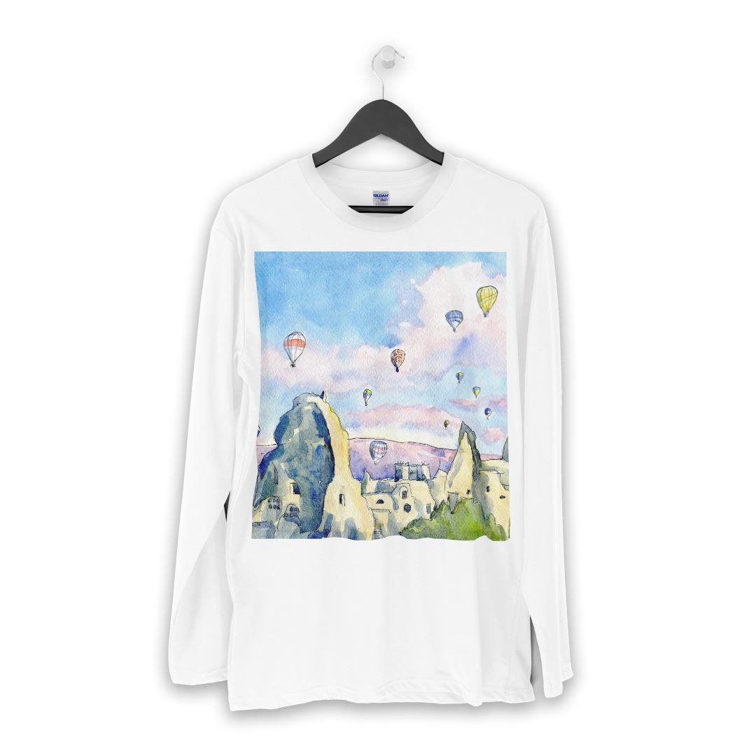 ロング tシャツ メンズ 長袖 ホワイト グレー デザイン XS S M L XL 2XL Tシャツ ティーシャツ T shirt long sleeve 013535 水彩　気球　風景