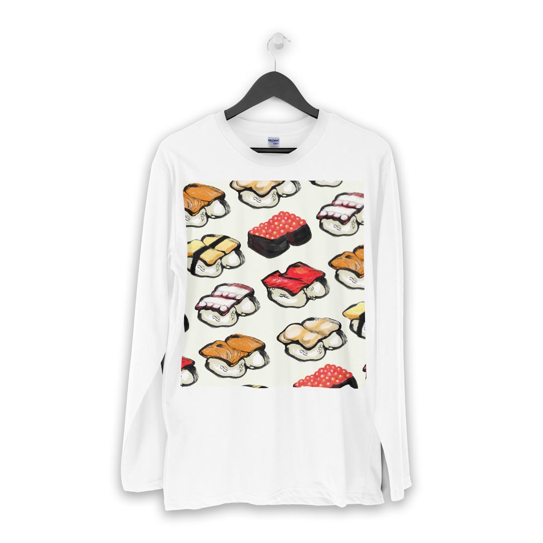 ロング tシャツ メンズ 長袖 ホワイト グレー デザイン XS S M L XL 2XL Tシャツ ティーシャツ T shirt long sleeve 014003 食べ物　寿司