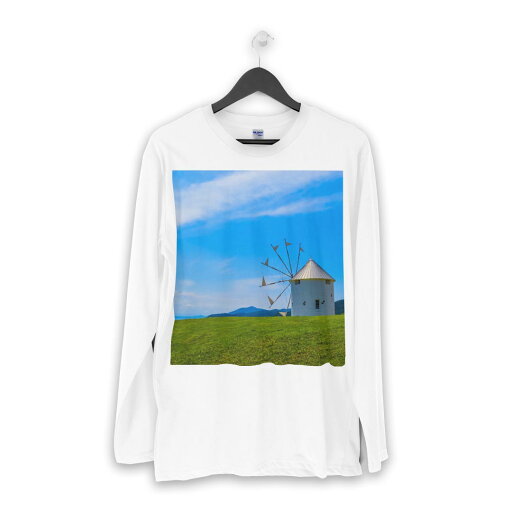 ロング tシャツ メンズ 長袖 ホワイト グレー デザイン XS S M L XL 2XL Tシャツ ティーシャツ T shirt long sleeve 014459 風車 草原 写真