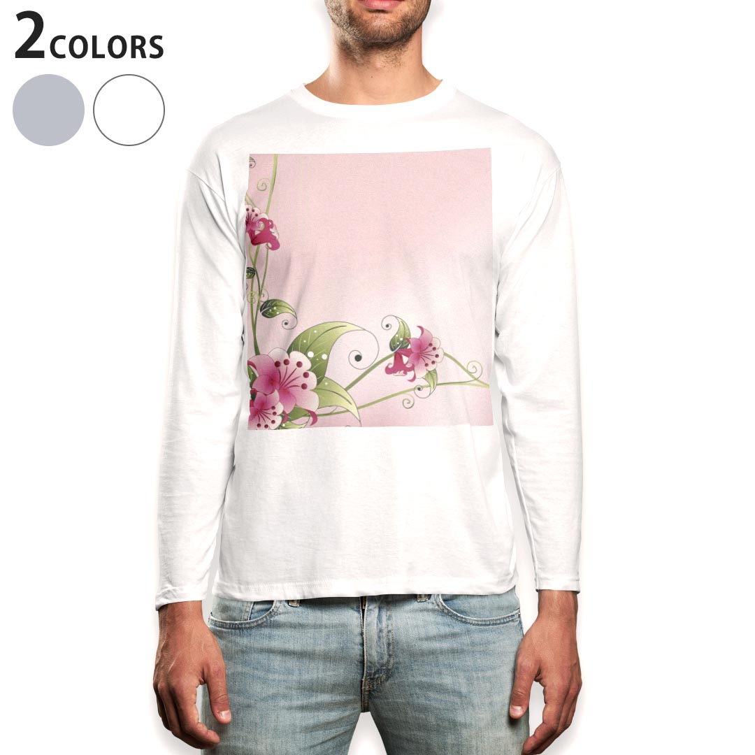 Crew Neck - ロング tシャツ メンズ 長袖 ホワイト グレー デザイン XS S M L XL 2XL Tシャツ ティーシャツ T shirt long sleeve 002026 花　フラワー　ピンク