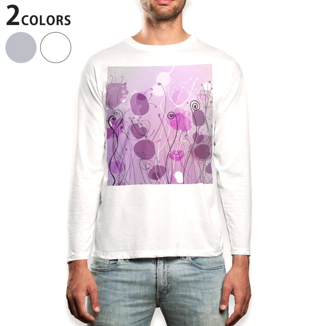 Long-Sleeved - ロング tシャツ メンズ 長袖 ホワイト グレー デザイン XS S M L XL 2XL Tシャツ ティーシャツ T shirt long sleeve 002050 花　フラワー　紫