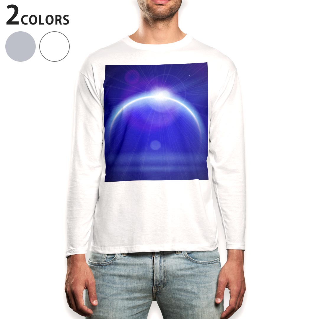 Crew Neck - ロング tシャツ メンズ 長袖 ホワイト グレー デザイン XS S M L XL 2XL Tシャツ ティーシャツ T shirt long sleeve 002218 宇宙　青　シンプル