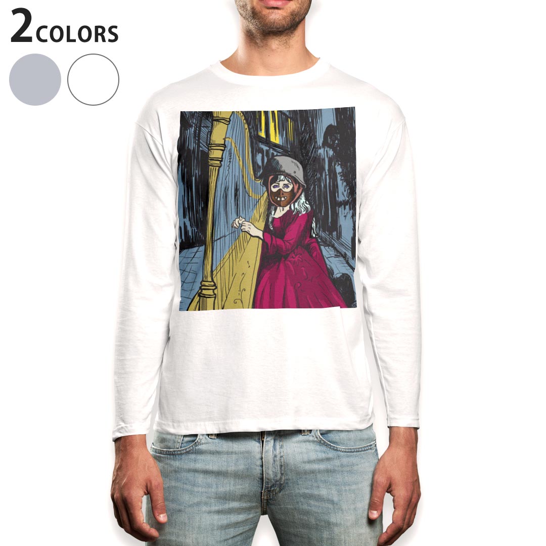 T-Shirts - ロング tシャツ メンズ 長袖 ホワイト グレー デザイン XS S M L XL 2XL Tシャツ ティーシャツ T shirt long sleeve 002595 人物　音楽　イラスト