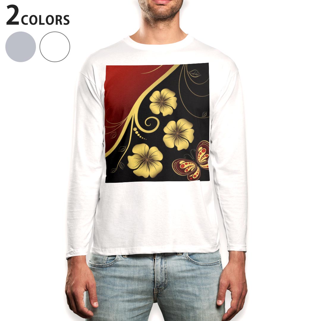 Long-Sleeved - ロング tシャツ メンズ 長袖 ホワイト グレー デザイン XS S M L XL 2XL Tシャツ ティーシャツ T shirt long sleeve 002755 花　蝶　赤　黒