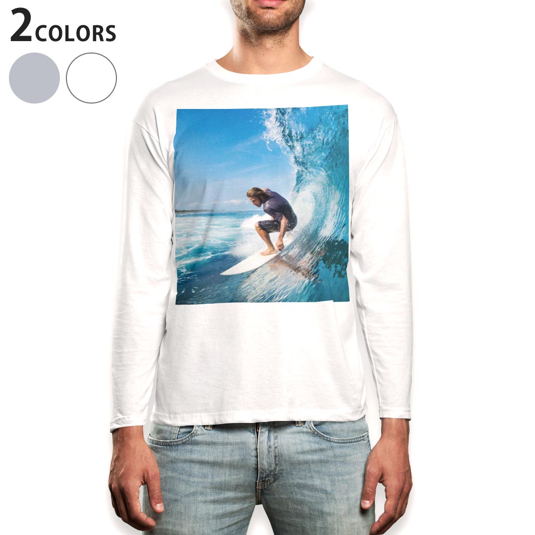 Long-Sleeved - ロング tシャツ メンズ 長袖 ホワイト グレー デザイン XS S M L XL 2XL Tシャツ ティーシャツ T shirt long sleeve 002840 サーフィン　外国人　人物　海