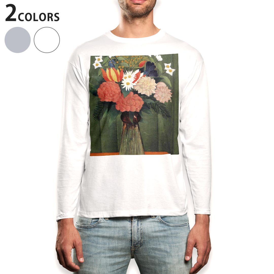 ロング tシャツ メンズ 長袖 ホワイト グレー デザイン XS S M L XL 2XL Tシャツ ティーシャツ T shirt long sleeve 003243 花　絵画　..