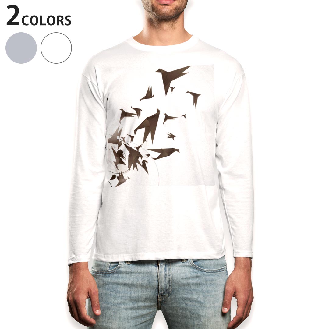 乐天商城 - ロング tシャツ メンズ 長袖 ホワイト グレー デザイン XS S M L XL 2XL Tシャツ ティーシャツ T shirt long sleeve 003348 鳥　イラスト　白　黒