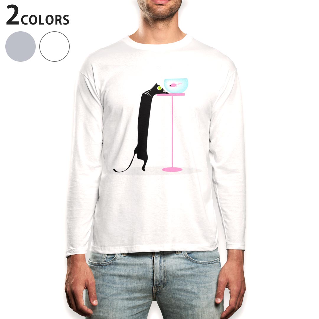 乐天商城 - ロング tシャツ メンズ 長袖 ホワイト グレー デザイン XS S M L XL 2XL Tシャツ ティーシャツ T shirt long sleeve 003387 猫　動物　キャラクター