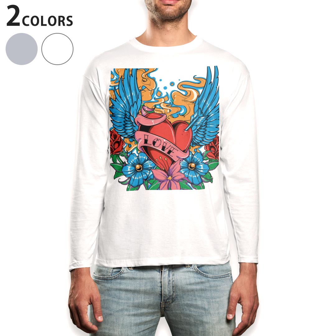 ロング tシャツ メンズ 長袖 ホワイト グレー デザイン XS S M L XL 2XL Tシャツ ティーシャツ T shirt long sleeve 003529 花　ハート　イラスト