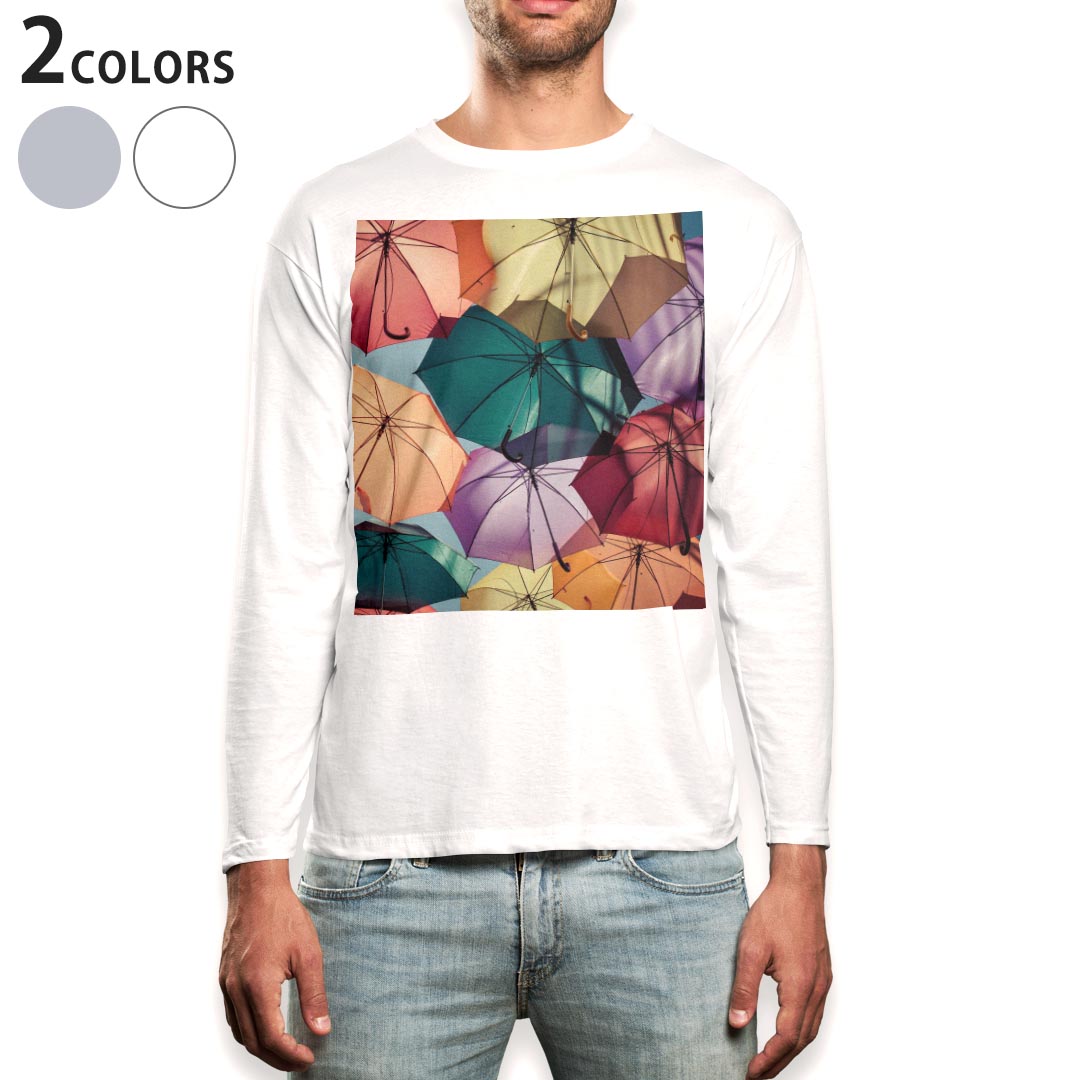 ロング tシャツ メンズ 長袖 ホワイト グレー デザイン XS S M L XL 2XL Tシャツ ティーシャツ T shirt long sleeve 003593 傘 写真 カラフル