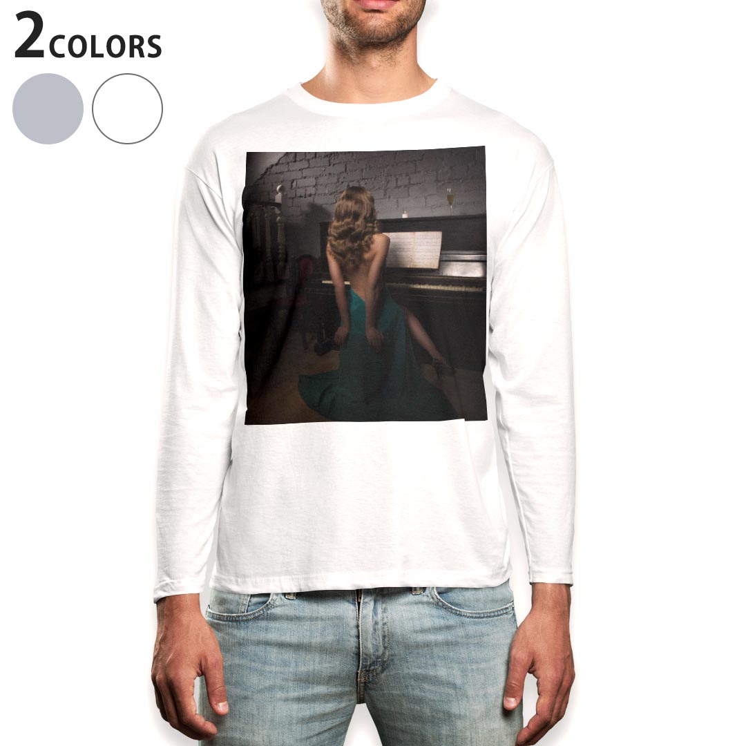 Crew Neck - ロング tシャツ メンズ 長袖 ホワイト グレー デザイン XS S M L XL 2XL Tシャツ ティーシャツ T shirt long sleeve 003626 人物　写真　ピアノ