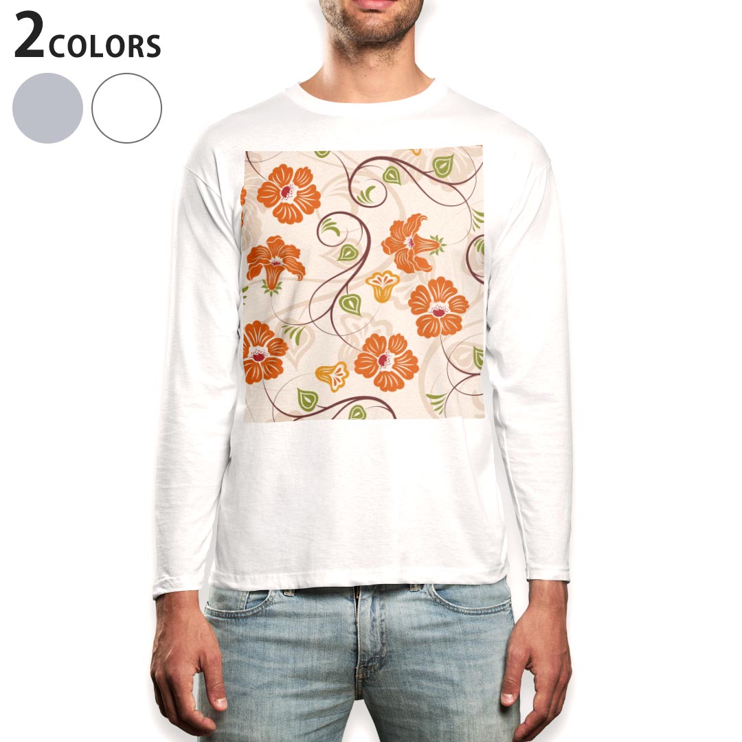 Crew Neck - ロング tシャツ メンズ 長袖 ホワイト グレー デザイン XS S M L XL 2XL Tシャツ ティーシャツ T shirt long sleeve 003723 花　フラワー　オレンジ