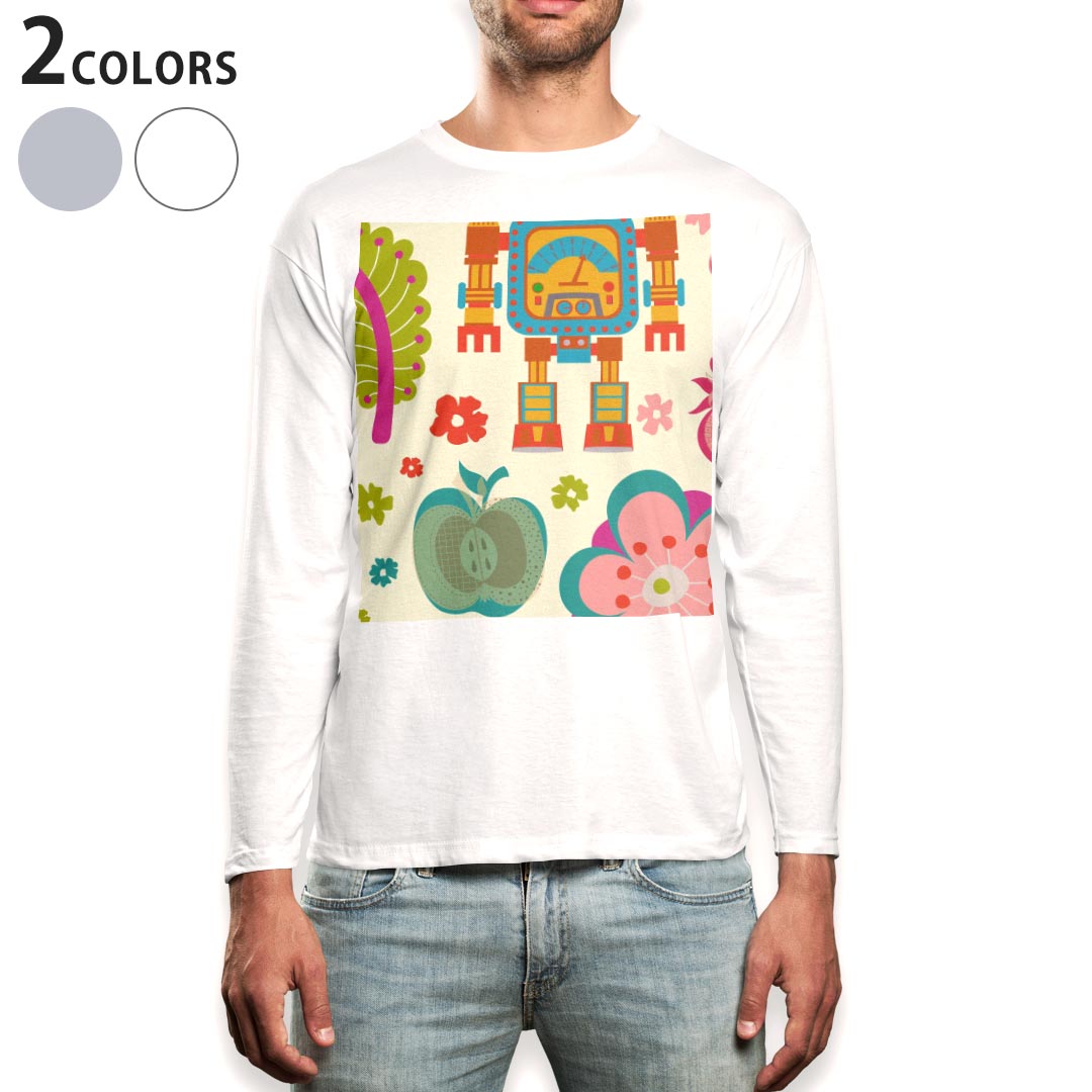 短袖 - ロング tシャツ メンズ 長袖 ホワイト グレー デザイン XS S M L XL 2XL Tシャツ ティーシャツ T shirt long sleeve 004117 花　果物　イラスト　カラフル