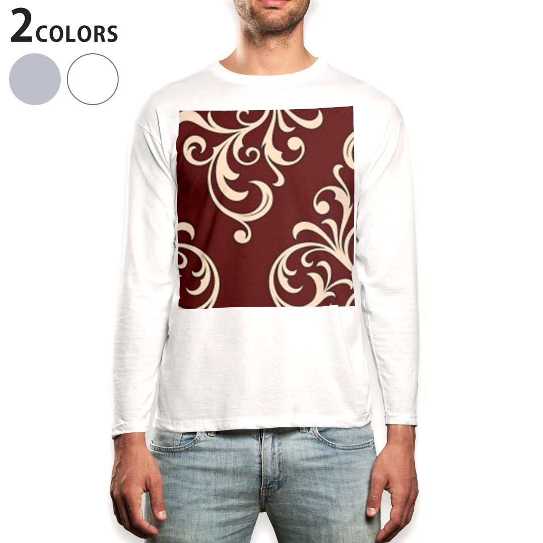 ロング tシャツ メンズ 長袖 ホワイト グレー デザイン XS S M L XL 2XL Tシャツ ティーシャツ T shirt long sleeve 004172 模様 エレガント ブラウン