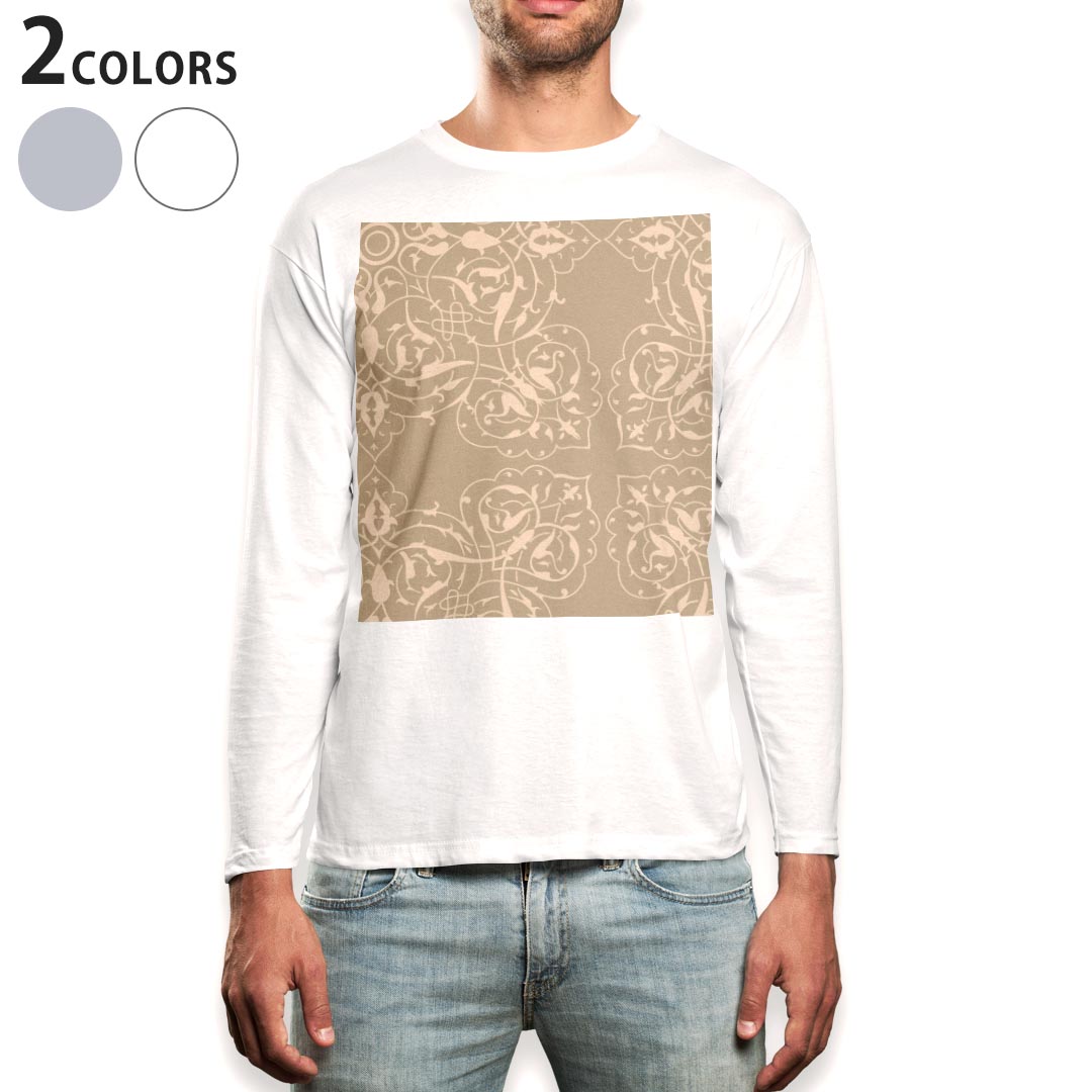 ロング tシャツ メンズ 長袖 ホワイト グレー デザイン XS S M L XL 2XL Tシャツ ティーシャツ T shirt long sleeve 004206 模様 エレガント ブラウン