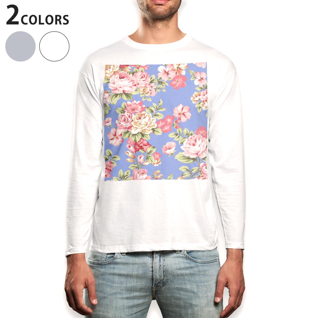 Crew Neck - ロング tシャツ メンズ 長袖 ホワイト グレー デザイン XS S M L XL 2XL Tシャツ ティーシャツ T shirt long sleeve 004879 花　イラスト　青