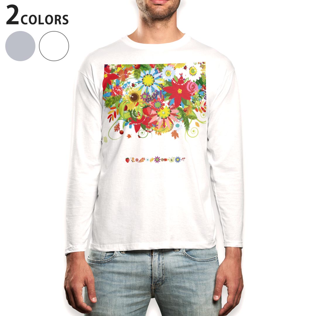 乐天商城 - ロング tシャツ メンズ 長袖 ホワイト グレー デザイン XS S M L XL 2XL Tシャツ ティーシャツ T shirt long sleeve 004883 花　カラフル