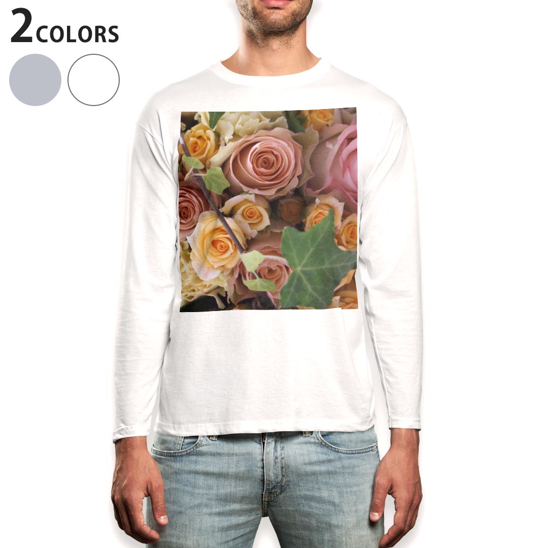 ロング tシャツ メンズ 長袖 ホワイト グレー デザイン XS S M L XL 2XL Tシャツ ティーシャツ T shirt long sleeve 004906 花 写真