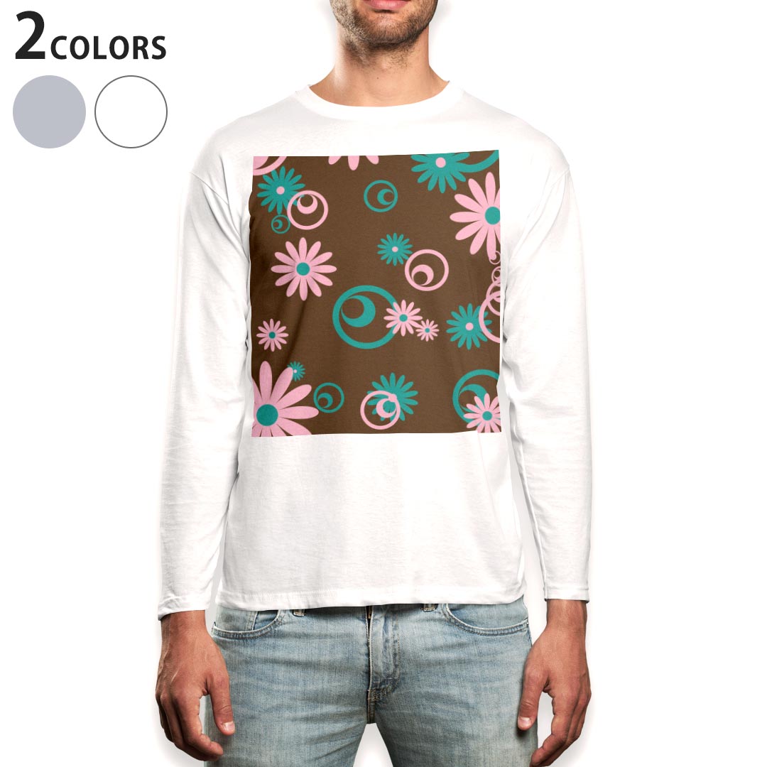 ロング tシャツ メンズ 長袖 ホワイト グレー デザイン XS S M L XL 2XL Tシャツ ティーシャツ T shirt long sleeve 004968 花 フラワー ブラウン