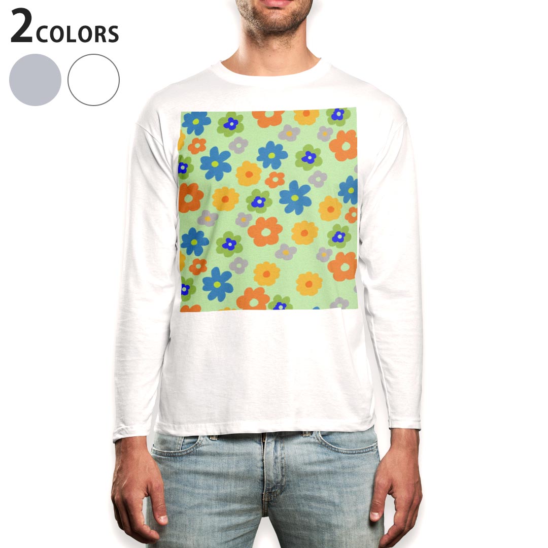 ロング tシャツ メンズ 長袖 ホワイト グレー デザイン XS S M L XL 2XL Tシャツ ティーシャツ T shirt long sleeve 005179 花 フラワー イラスト