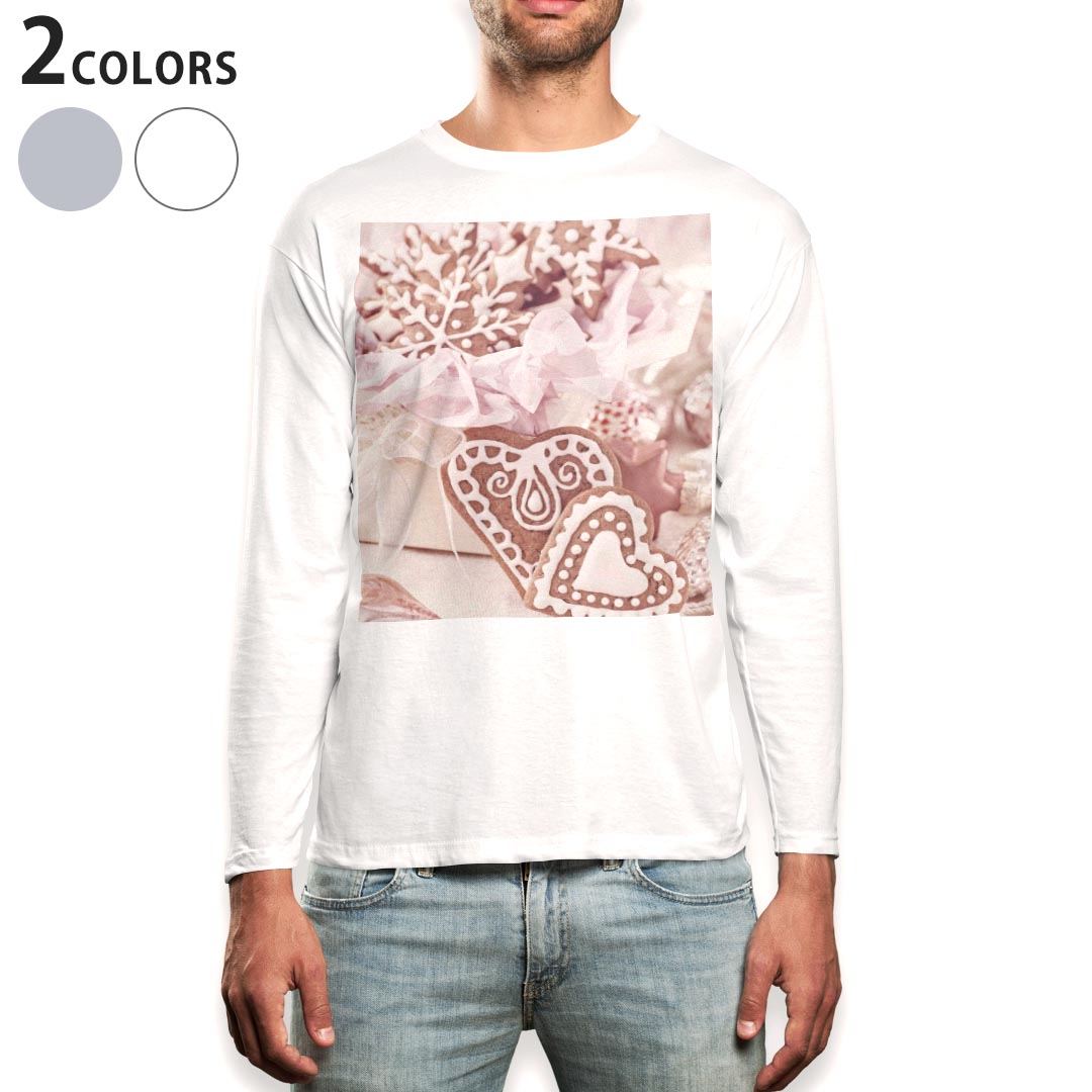 ロング tシャツ メンズ 長袖 ホワイト グレー デザイン XS S M L XL 2XL Tシャツ ティーシャツ T shirt long sleeve 005562 写真　ハート　クッキー