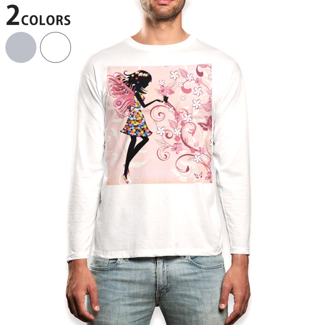 ロング tシャツ メンズ 長袖 ホワイト グレー デザイン XS S M L XL 2XL Tシャツ ティーシャツ T shirt long sleeve 005591 妖精 花