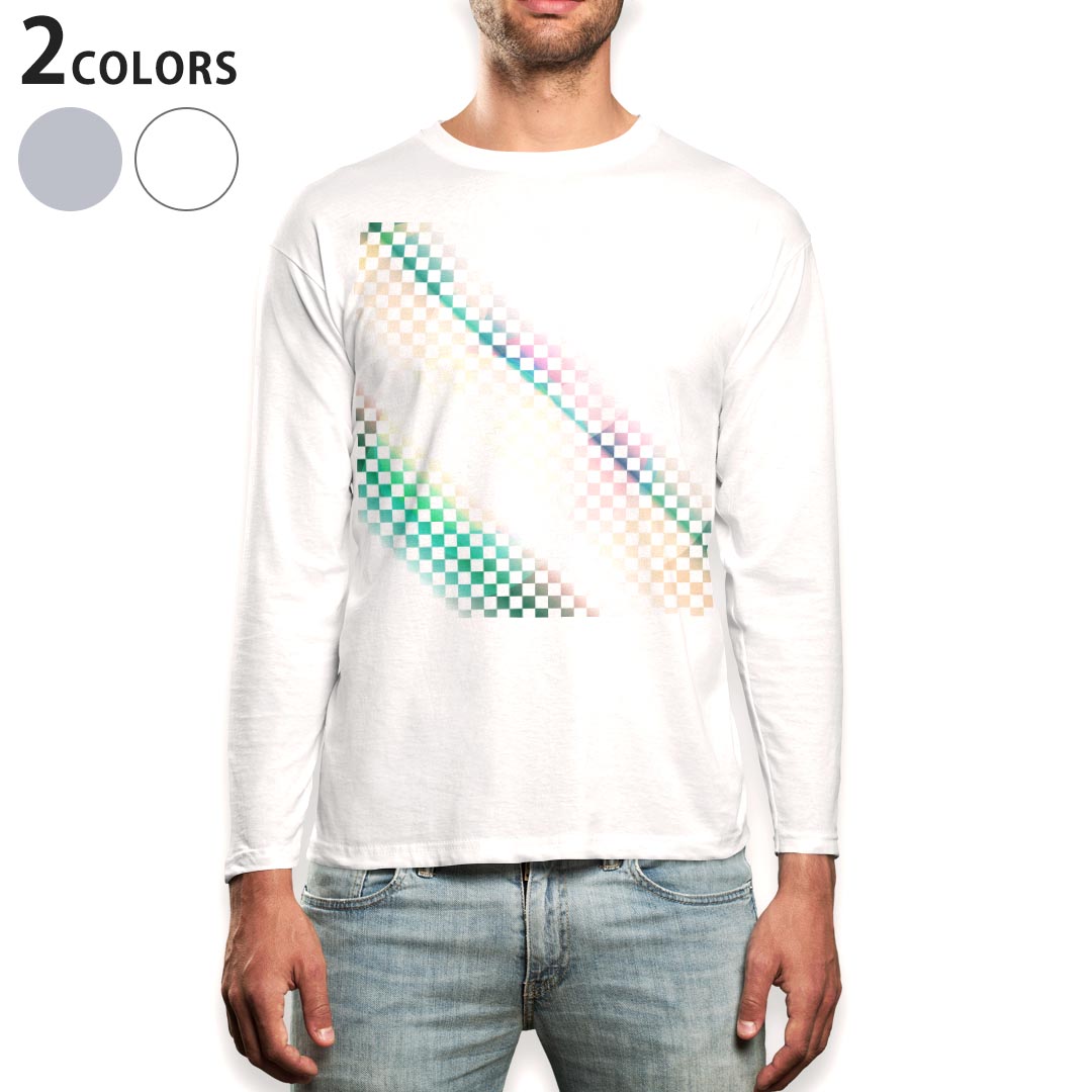 Rakuten - ロング tシャツ メンズ 長袖 ホワイト グレー デザイン XS S M L XL 2XL Tシャツ ティーシャツ T shirt long sleeve 005901 レインボー　模様　チェック