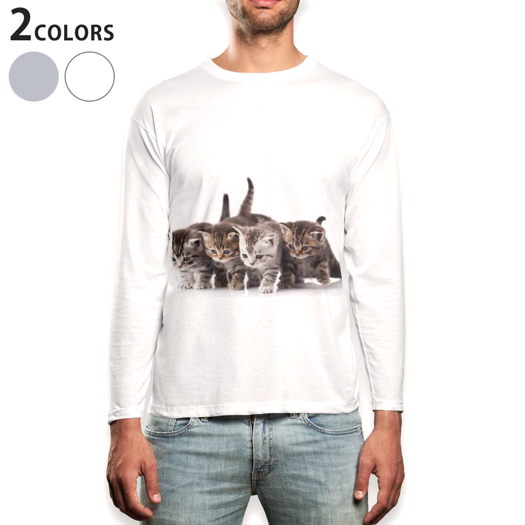 ロング tシャツ メンズ 長袖 ホワイト グレー デザイン XS S M L XL 2XL Tシャツ ティーシャツ T shirt long sleeve 005928 写真　動物　猫　ねこ