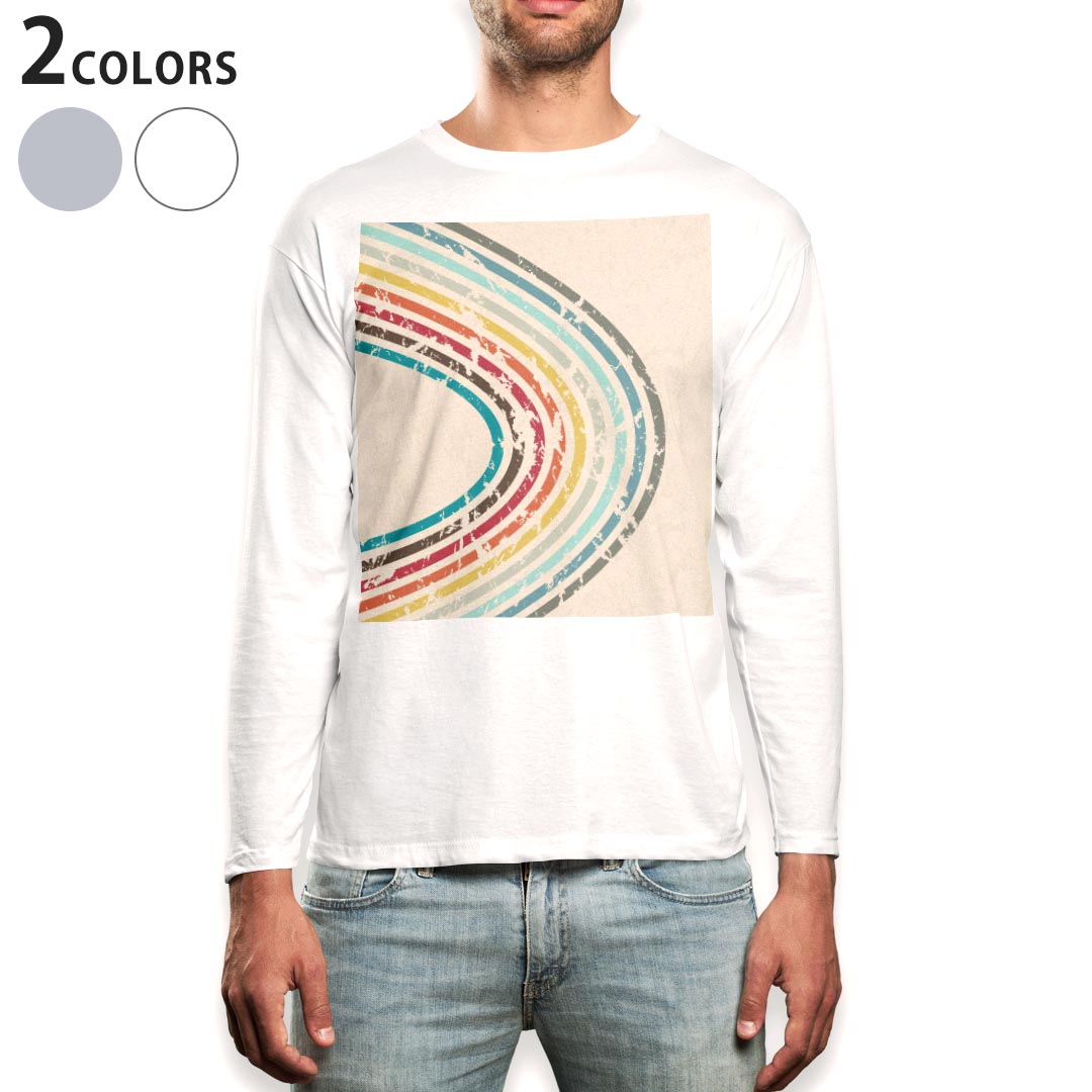 V-Neck - ロング tシャツ メンズ 長袖 ホワイト グレー デザイン XS S M L XL 2XL Tシャツ ティーシャツ T shirt long sleeve 006117 虹　レトロ
