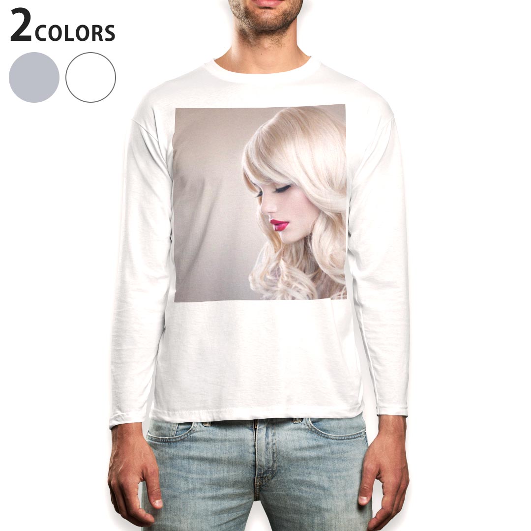ロング tシャツ メンズ 長袖 ホワイト グレー デザイン XS S M L XL 2XL Tシャツ ティーシャツ T shirt long sleeve 006263 写真　人物