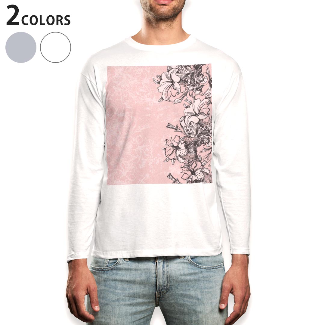ロング tシャツ メンズ 長袖 ホワイト グレー デザイン XS S M L XL 2XL Tシャツ ティーシャツ T shirt long sleeve 006321 花　フラワー　ピンク(4.0)