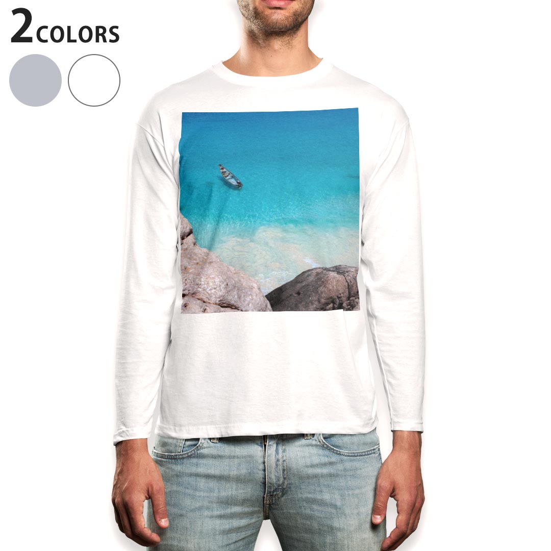 ロング tシャツ メンズ 長袖 ホワイト グレー デザイン XS S M L XL 2XL Tシャツ ティーシャツ T shirt long sleeve 006468 写真 海 ボート