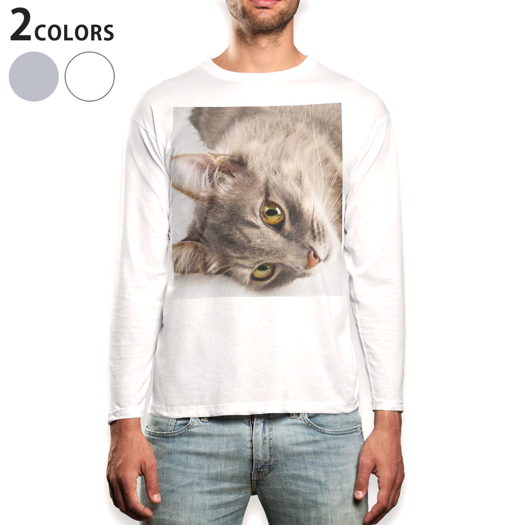 Other - ロング tシャツ メンズ 長袖 ホワイト グレー デザイン XS S M L XL 2XL Tシャツ ティーシャツ T shirt long sleeve 006477 写真　動物　ねこ