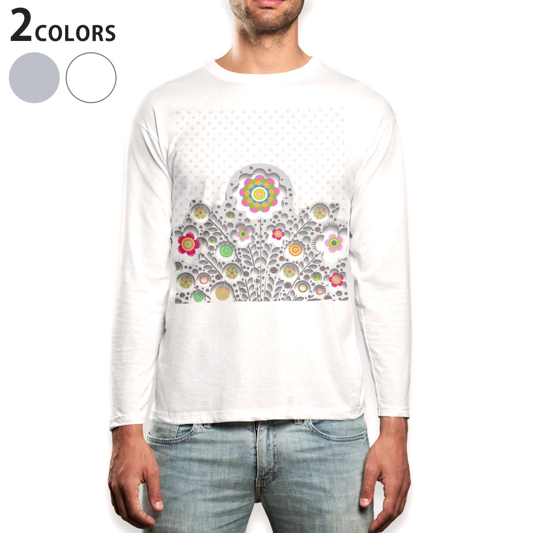 ロング tシャツ メンズ 長袖 ホワイト グレー デザイン XS S M L XL 2XL Tシャツ ティーシャツ T shirt long sleeve 006495 花　フラワー