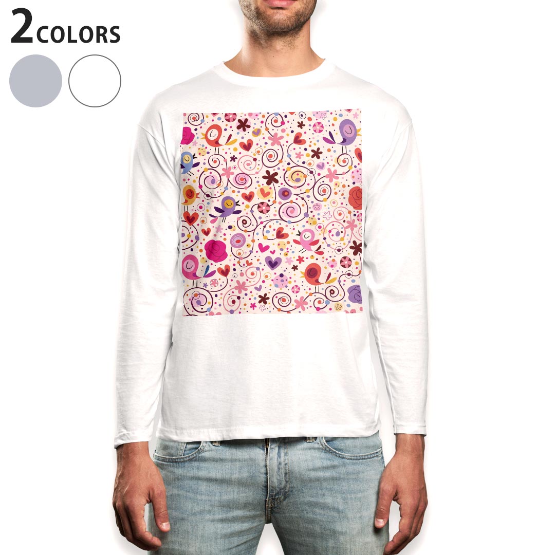 ロング tシャツ メンズ 長袖 ホワイト グレー デザイン XS S M L XL 2XL Tシャツ ティーシャツ T shirt long sleeve 006513 鳥 ハート 模様