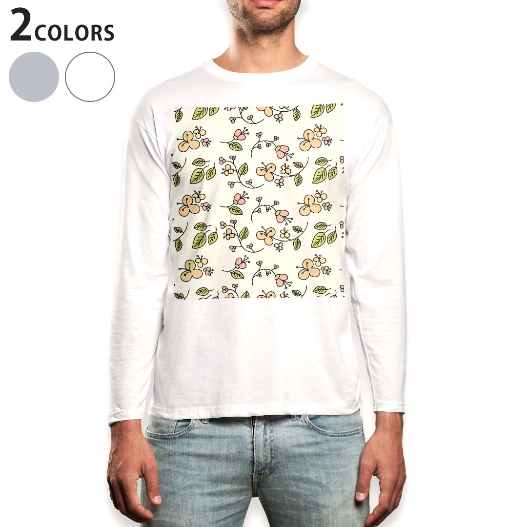 V領 - ロング tシャツ メンズ 長袖 ホワイト グレー デザイン XS S M L XL 2XL Tシャツ ティーシャツ T shirt long sleeve 006680 花　フラワー