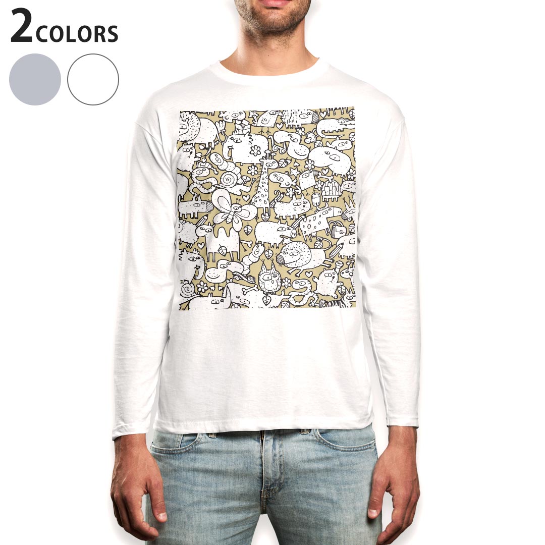 ロング tシャツ メンズ 長袖 ホワイト グレー デザイン XS S M L XL 2XL Tシャツ ティーシャツ T shirt long sleeve 006800 動物 イラスト
