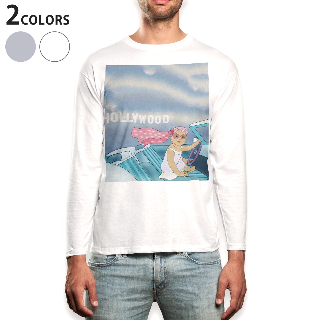 Long-Sleeved - ロング tシャツ メンズ 長袖 ホワイト グレー デザイン XS S M L XL 2XL Tシャツ ティーシャツ T shirt long sleeve 006904 人物　車　イラスト