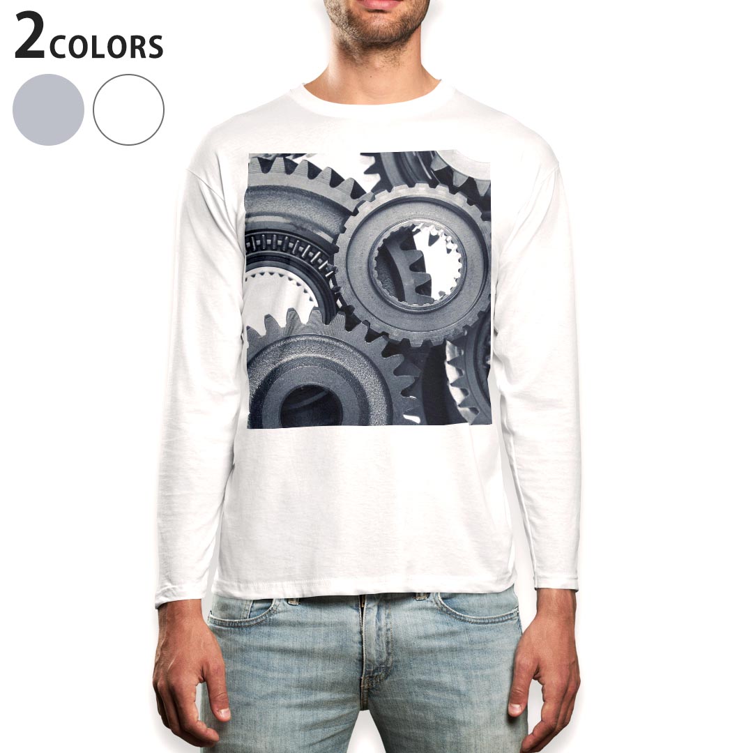 Long-Sleeved - ロング tシャツ メンズ 長袖 ホワイト グレー デザイン XS S M L XL 2XL Tシャツ ティーシャツ T shirt long sleeve 007408 歯車　写真　灰色　グレー
