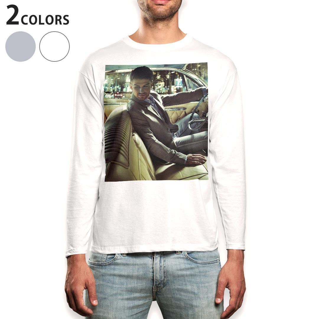 ロング tシャツ メンズ 長袖 ホワイト グレー デザイン XS S M L XL 2XL Tシャツ ティーシャツ T shirt long sleeve 007416 写真　車　人物　夜