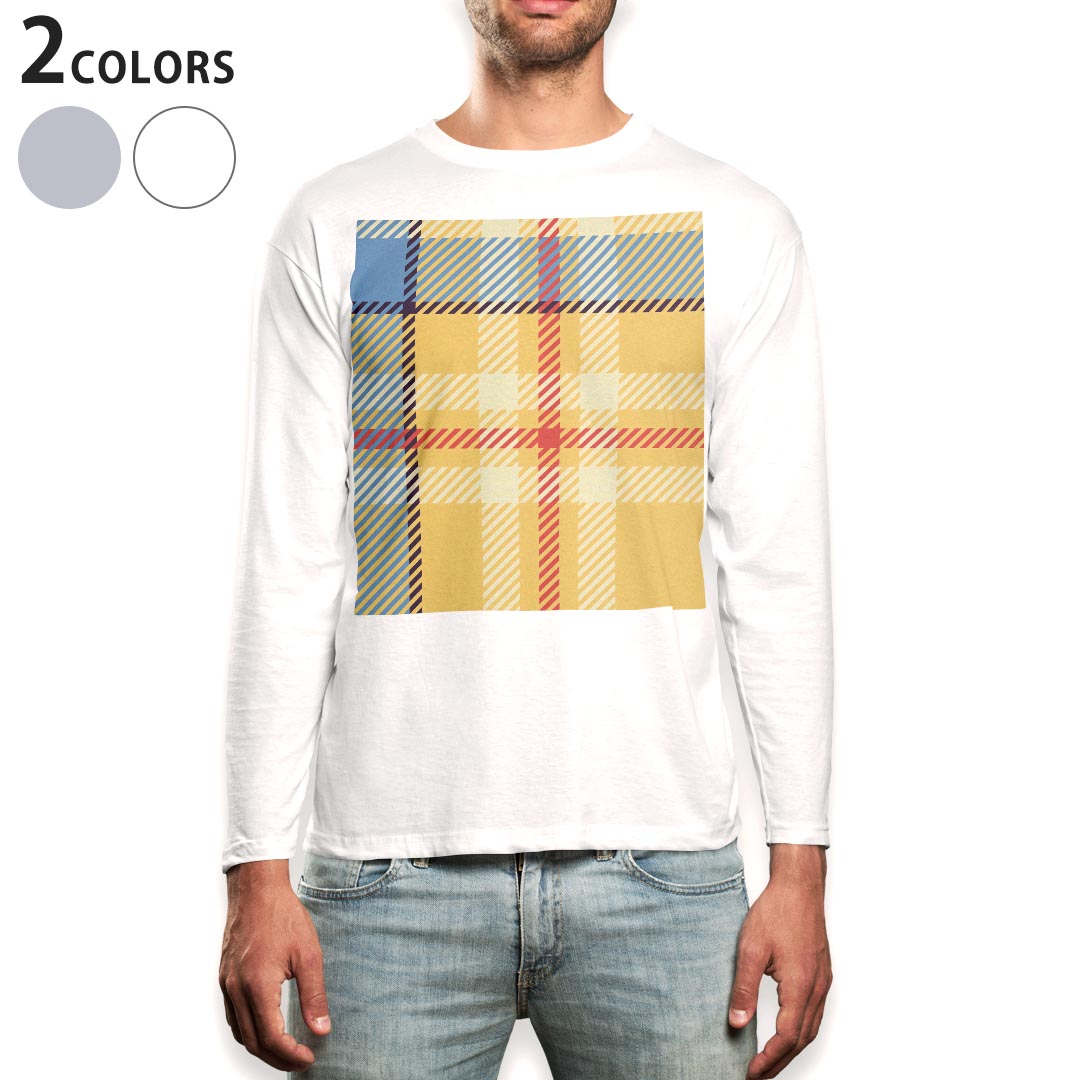 ロング tシャツ メンズ 長袖 ホワイト グレー デザイン XS S M L XL 2XL Tシャツ ティーシャツ T shirt long sleeve 007431 チェック　模様　黄色　イエロー