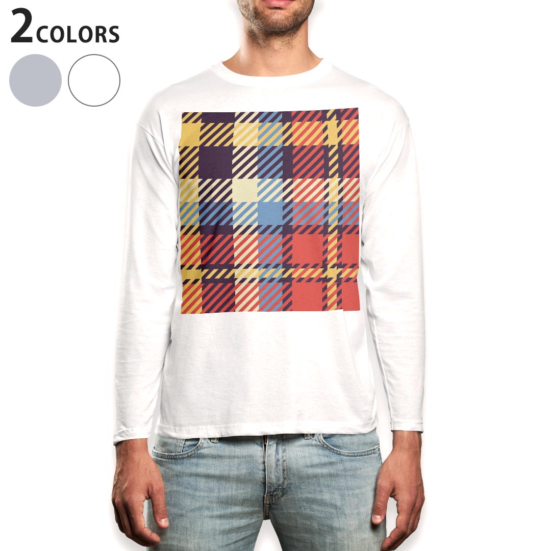 ロング tシャツ メンズ 長袖 ホワイト グレー デザイン XS S M L XL 2XL Tシャツ ティーシャツ T shirt long sleeve 007433 チェック　模様　カラフル(4.0)