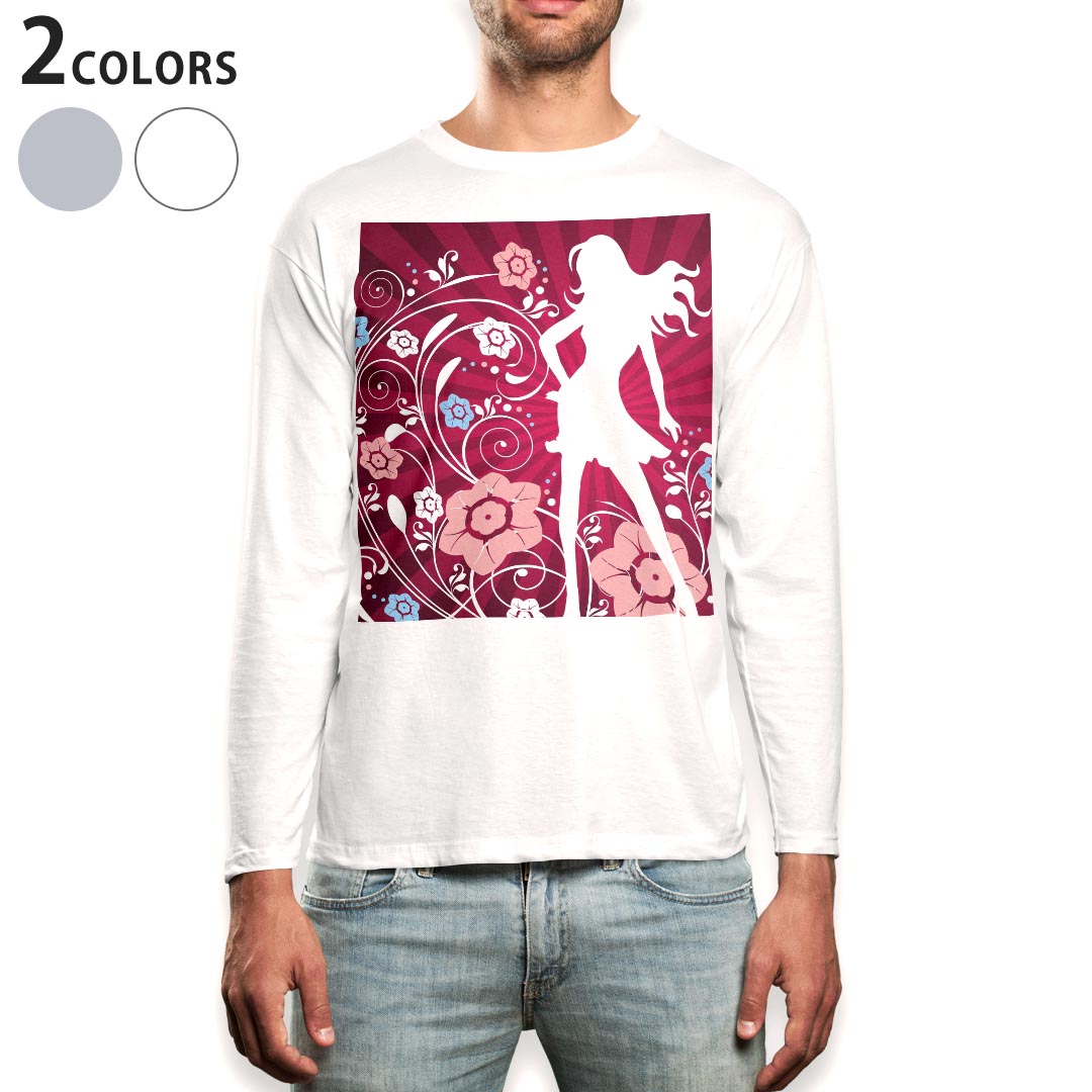 Long-Sleeved - ロング tシャツ メンズ 長袖 ホワイト グレー デザイン XS S M L XL 2XL Tシャツ ティーシャツ T shirt long sleeve 007548 花　フラワー　人物　ピンク