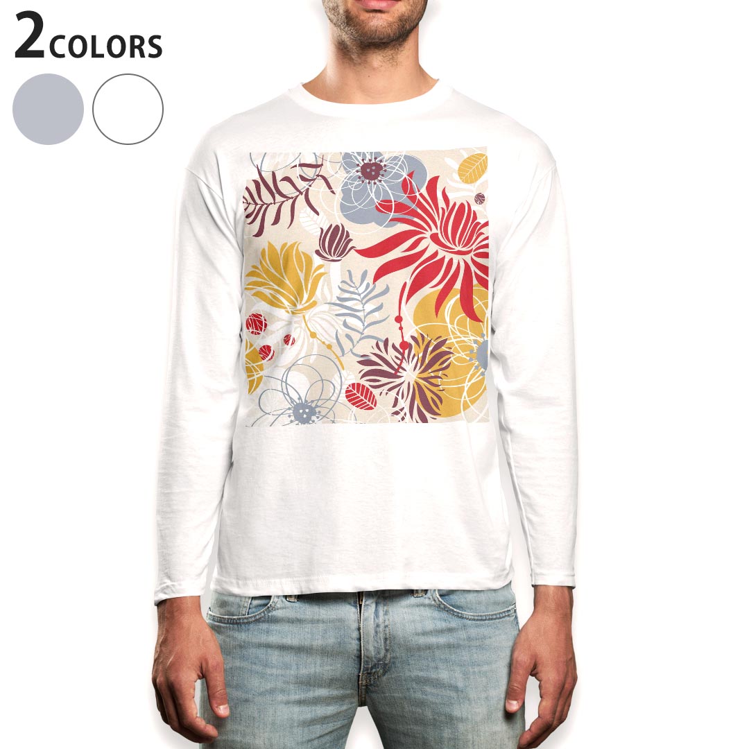 Rakuten - ロング tシャツ メンズ 長袖 ホワイト グレー デザイン XS S M L XL 2XL Tシャツ ティーシャツ T shirt long sleeve 007674 花　フラワー　模様