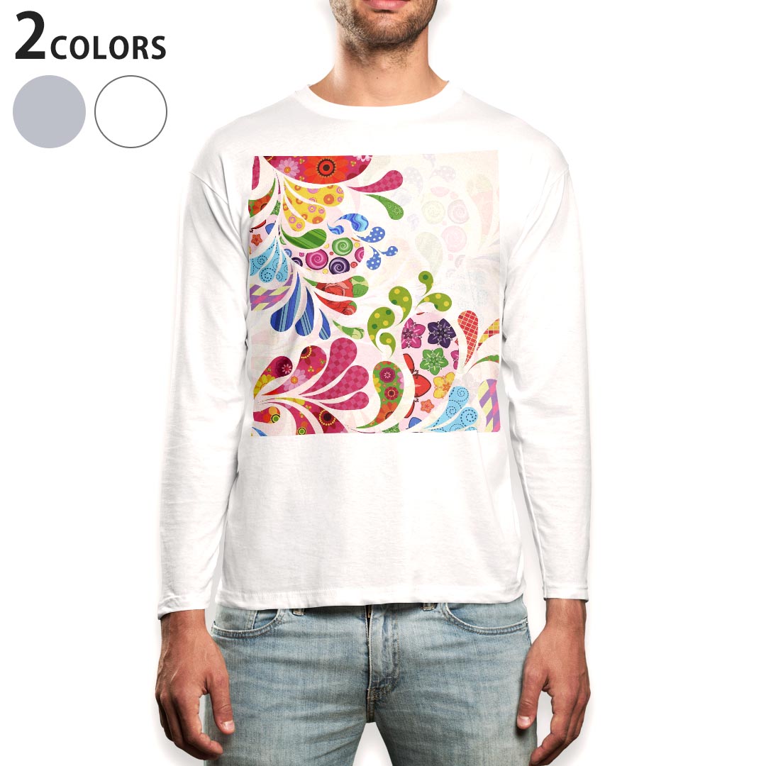 乐天商城 - ロング tシャツ メンズ 長袖 ホワイト グレー デザイン XS S M L XL 2XL Tシャツ ティーシャツ T shirt long sleeve 007726 花　フラワー　カラフル　模様