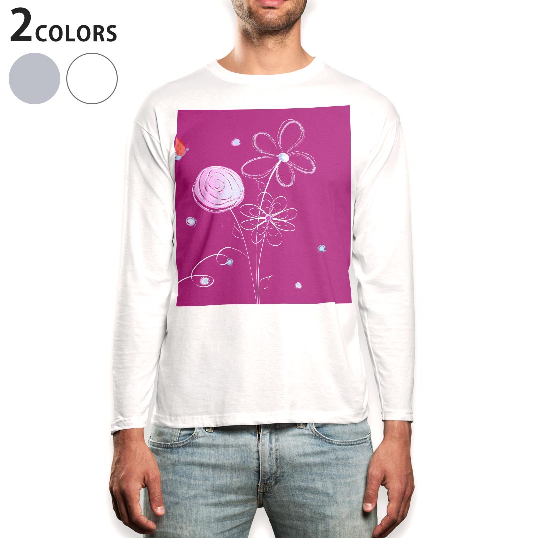 ロング tシャツ メンズ 長袖 ホワイト グレー デザイン XS S M L XL 2XL Tシャツ ティーシャツ T shirt long sleeve 007732 花 フラワー ピンク