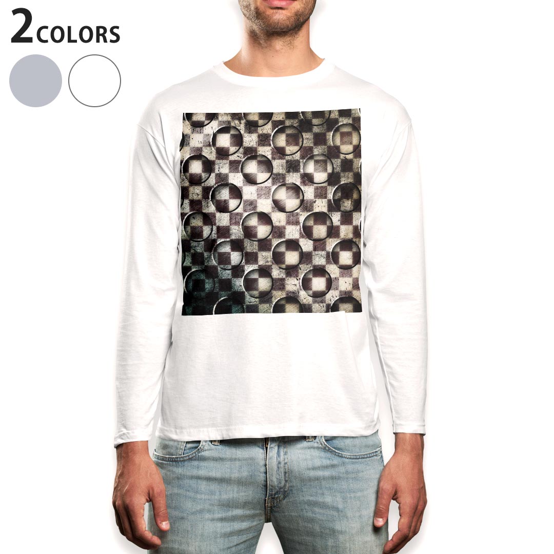 ロング tシャツ メンズ 長袖 ホワイト グレー デザイン XS S M L XL 2XL Tシャツ ティーシャツ T shirt long sleeve 007771 チェック 市松模様 黒 ブラック