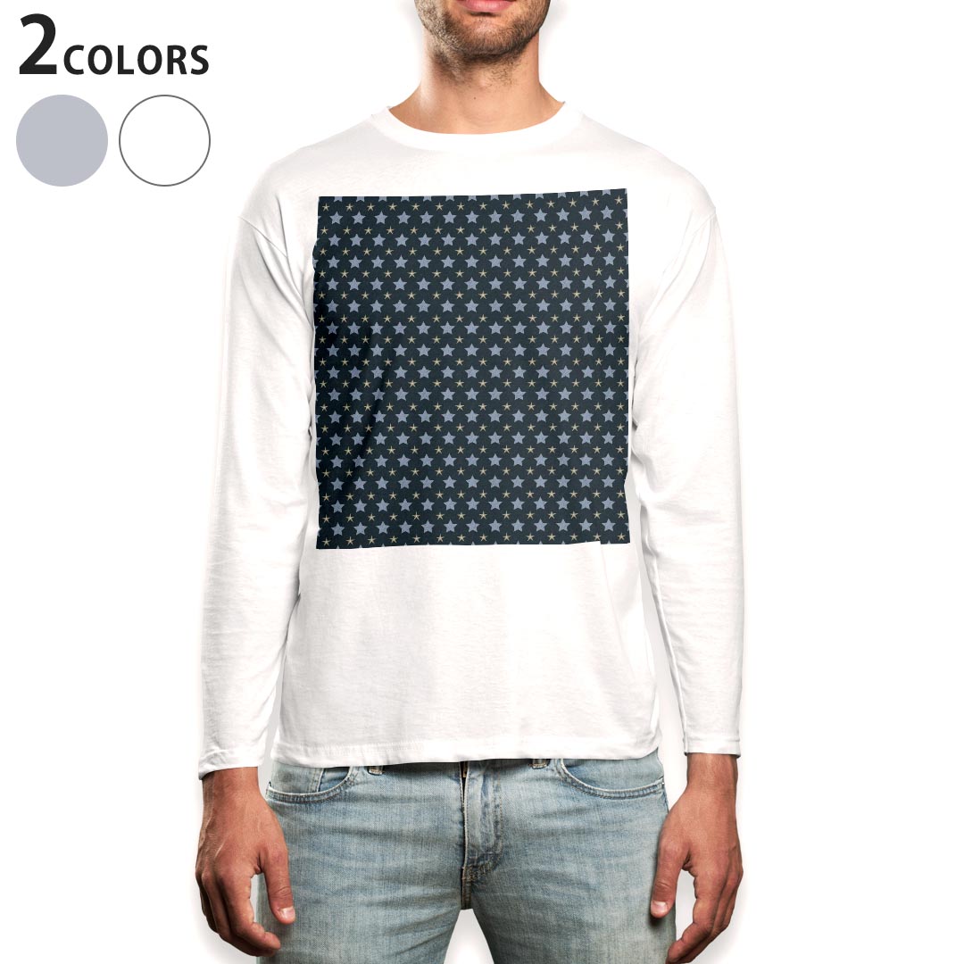 乐天商城 - ロング tシャツ メンズ 長袖 ホワイト グレー デザイン XS S M L XL 2XL Tシャツ ティーシャツ T shirt long sleeve 007915 星　スター　黒　ブラック　模様
