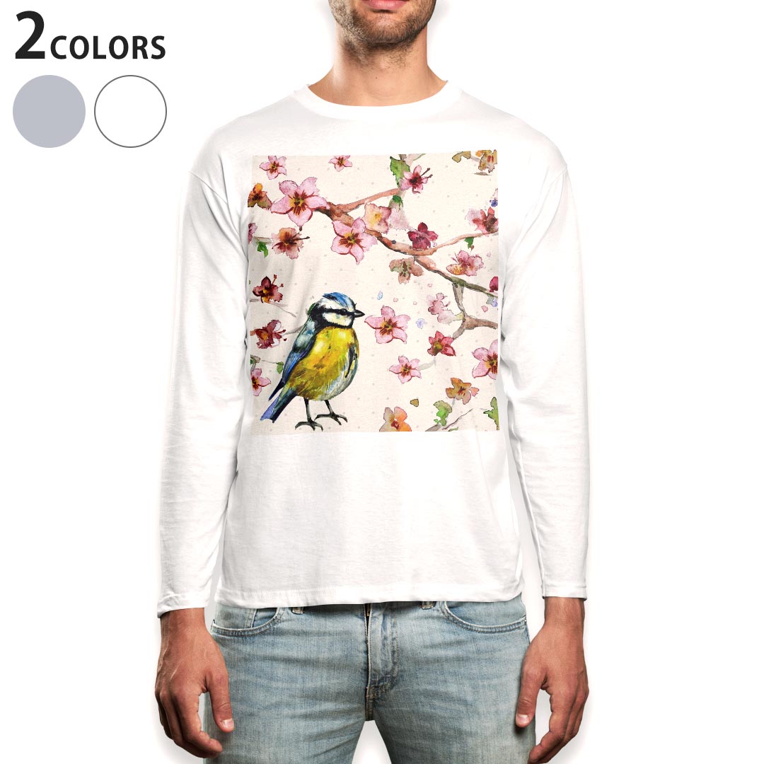 Long-Sleeved - ロング tシャツ メンズ 長袖 ホワイト グレー デザイン XS S M L XL 2XL Tシャツ ティーシャツ T shirt long sleeve 007971 花　フラワー　水彩　ピンク　鳥